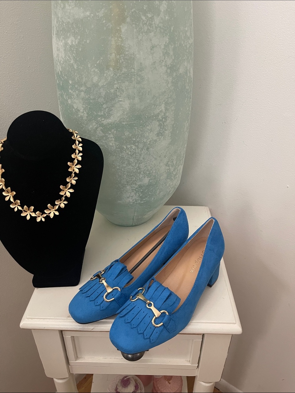 Bight Blue Faux Suede Fringe Loafers with Gold Accent